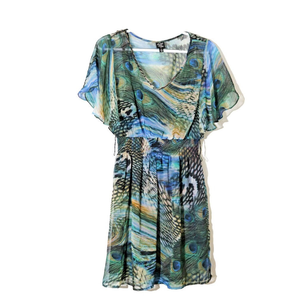 Love Reign Peacock Feather Print Dress Smocked Waist Boho Flutter Sleeve Size M